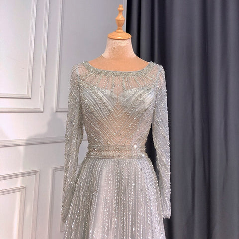 On Sale no return no refund Gold Mermaid Elegant Long Sleeves O-Neck Evening Dresses Gowns Luxury Beaded 2025 For Woman Party LA71635