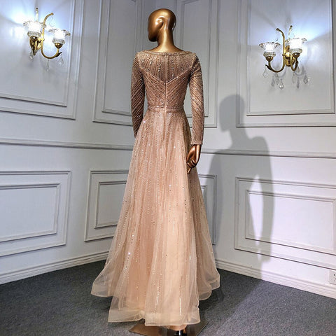 On Sale no return no refund Gold Mermaid Elegant Long Sleeves O-Neck Evening Dresses Gowns Luxury Beaded 2025 For Woman Party LA71635