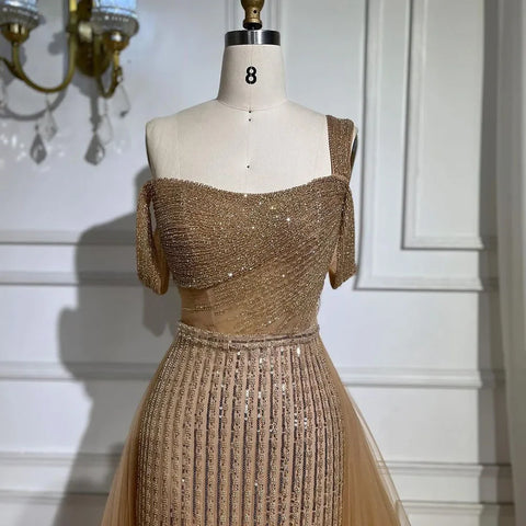 Robe de soirée élégante style sirène dorée, asymétrique, avec jupe perlée, luxueuse, pour femme, tenue de mariage, modèle LA72453, 2025 