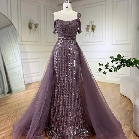 Robe de soirée élégante style sirène dorée, asymétrique, avec jupe perlée, luxueuse, pour femme, tenue de mariage, modèle LA72453, 2025 