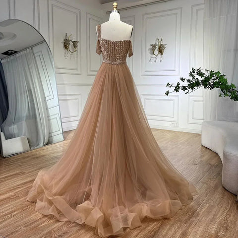 Robe de soirée élégante style sirène dorée, asymétrique, avec jupe perlée, luxueuse, pour femme, tenue de mariage, modèle LA72453, 2025 