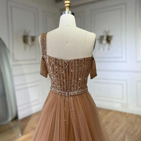 Robe de soirée élégante style sirène dorée, asymétrique, avec jupe perlée, luxueuse, pour femme, tenue de mariage, modèle LA72453, 2025 