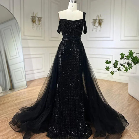 Robe de soirée élégante style sirène dorée, asymétrique, avec jupe perlée, luxueuse, pour femme, tenue de mariage, modèle LA72453, 2025 