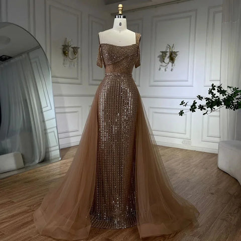 Robe de soirée élégante style sirène dorée, asymétrique, avec jupe perlée, luxueuse, pour femme, tenue de mariage, modèle LA72453, 2025 