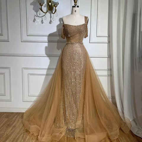 Robe de soirée élégante style sirène dorée, asymétrique, avec jupe perlée, luxueuse, pour femme, tenue de mariage, modèle LA72453, 2025 