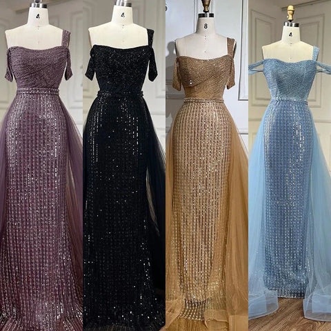 Robe de soirée élégante style sirène dorée, asymétrique, avec jupe perlée, luxueuse, pour femme, tenue de mariage, modèle LA72453, 2025 