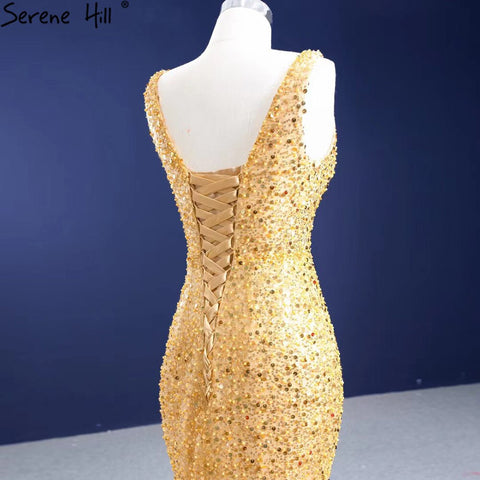 Vestidos de noche dorados estilo sirena con cordones, elegantes y lujosos, con cuentas, para mujer, ideales para fiestas (HM67290) 