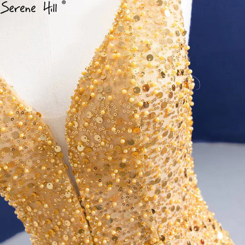 Vestidos de noche dorados estilo sirena con cordones, elegantes y lujosos, con cuentas, para mujer, ideales para fiestas (HM67290) 