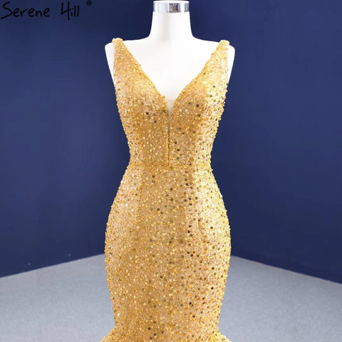 Vestidos de noche dorados estilo sirena con cordones, elegantes y lujosos, con cuentas, para mujer, ideales para fiestas (HM67290) 