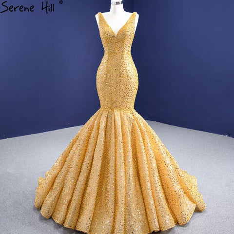 Vestidos de noche dorados estilo sirena con cordones, elegantes y lujosos, con cuentas, para mujer, ideales para fiestas (HM67290) 