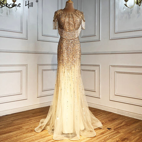 Gold Mermaid Luxury Evening Dresses Gowns 2025 Beading Tassel Elegant For Women Wedding Party LA70051