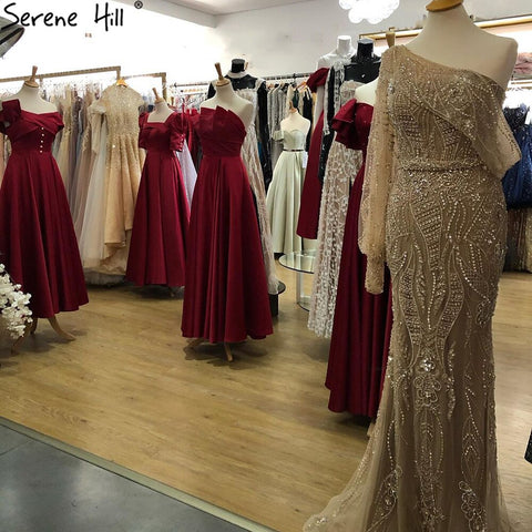 Gold Mermaid Luxury Evening Dresses Gowns 2025 Elegant Beaded One Shoulder For Women Party LA71218