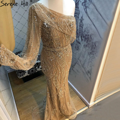 Gold Mermaid Luxury Evening Dresses Gowns 2025 Elegant Beaded One Shoulder For Women Party LA71218