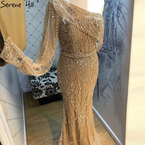 Gold Mermaid Luxury Evening Dresses Gowns 2025 Elegant Beaded One Shoulder For Women Party LA71218
