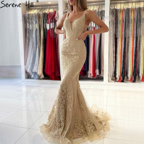 Robe de soirée sirène dorée de luxe, élégante, en dentelle et perles, pour femme, LA71348, 2025 