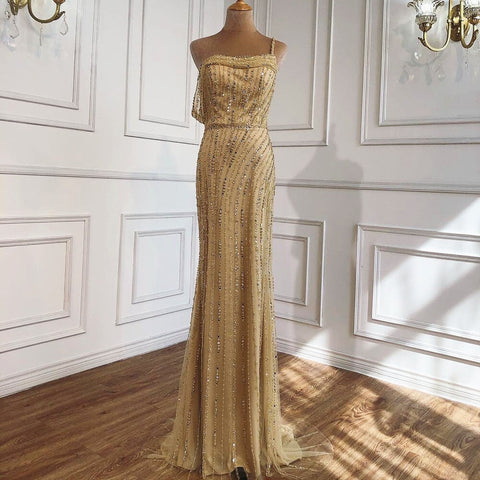 Gold Mermaid Sexy Evening Dresses Dubai One Shouder Luxury Beading Sparkle Formal Dress LA70723