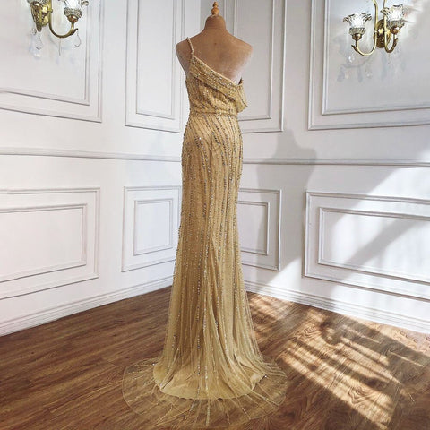 Gold Mermaid Sexy Evening Dresses Dubai One Shouder Luxury Beading Sparkle Formal Dress LA70723
