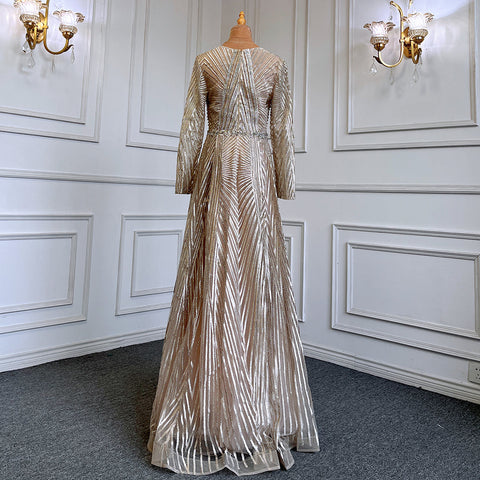 Gold Muslim A-Line V-Necck Evening Dresses Long Arm Gowns Luxury Beaded 2025 For Women Party LA71701
