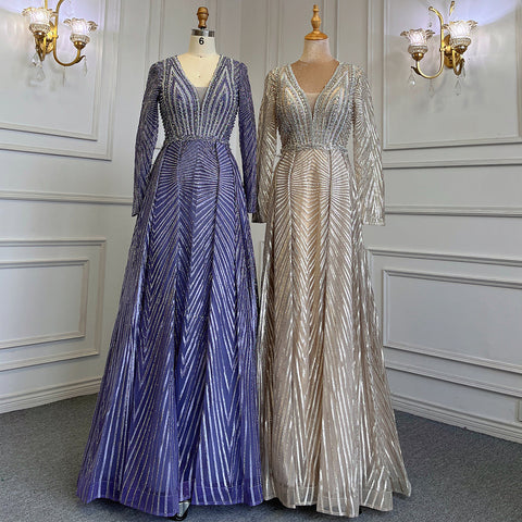 Gold Muslim A-Line V-Necck Evening Dresses Long Arm Gowns Luxury Beaded 2025 For Women Party LA71701