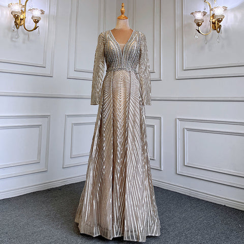 Gold Muslim A-Line V-Necck Evening Dresses Long Arm Gowns Luxury Beaded 2025 For Women Party LA71701