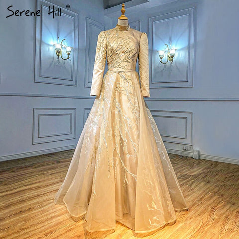 Vestidos de noche largos hasta el tobillo, dorados, estilo musulmán, con lentejuelas brillantes, de lujo para mujer, para fiestas, LA71064 