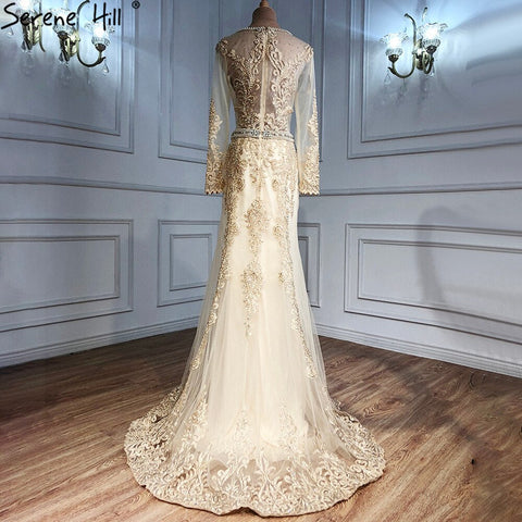 Vestidos de noche musulmanes dorados con cuentas, corte sirena elegante para mujer, estilo sirena, para bodas y fiestas (LA71082) 