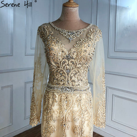 Vestidos de noche musulmanes dorados con cuentas, corte sirena elegante para mujer, estilo sirena, para bodas y fiestas (LA71082) 