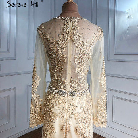 Vestidos de noche musulmanes dorados con cuentas, corte sirena elegante para mujer, estilo sirena, para bodas y fiestas (LA71082) 