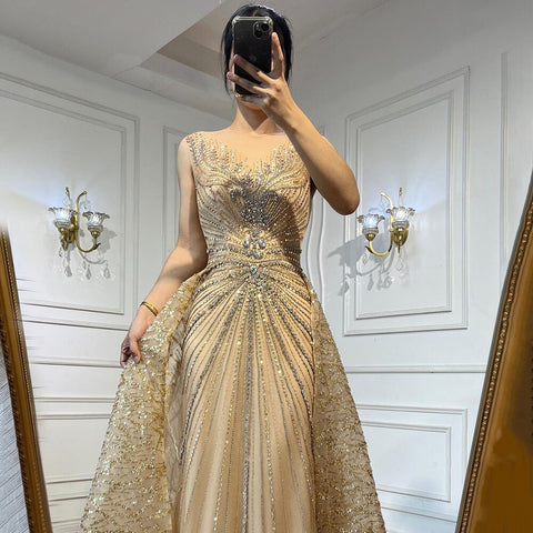 Gold O-neck Long Sleeves Mermaid Beaded Overskirt Evening Dresses Formal Party Gowns For Women 2025 LA72087