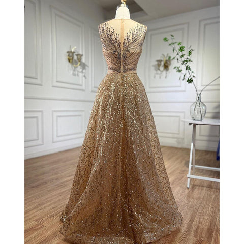 Gold O-neck Long Sleeves Mermaid Beaded Overskirt Evening Dresses Formal Party Gowns For Women 2025 LA72087