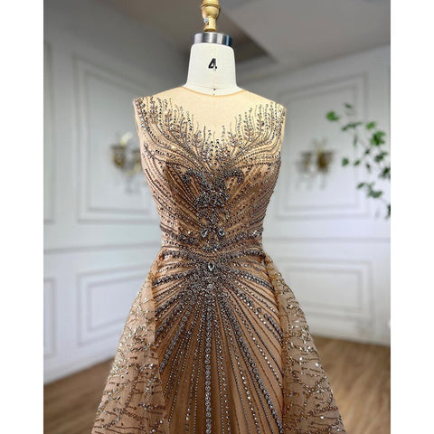 Gold O-neck Long Sleeves Mermaid Beaded Overskirt Evening Dresses Formal Party Gowns For Women 2025 LA72087