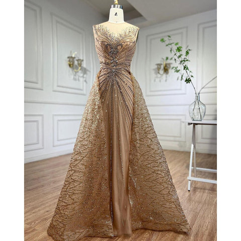 Gold O-neck Long Sleeves Mermaid Beaded Overskirt Evening Dresses Formal Party Gowns For Women 2025 LA72087