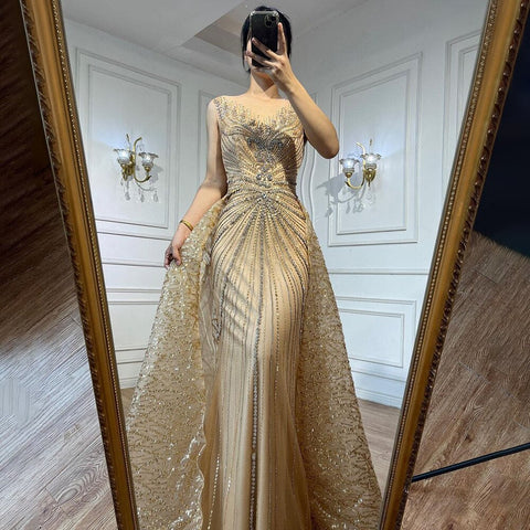 Gold O-neck Long Sleeves Mermaid Beaded Overskirt Evening Dresses Formal Party Gowns For Women 2025 LA72087