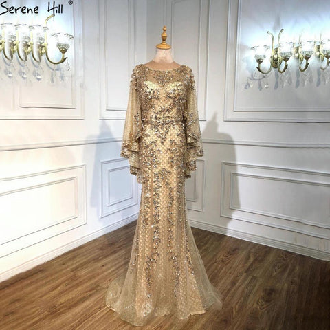 Gold Plus Size  Mermaid Elegant Luxury Evening Dresses Gowns 2025 Pearls Beading With Cape For Women Party LA70738