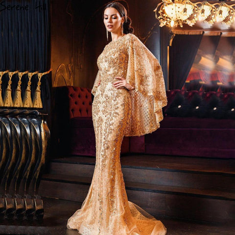 Gold Plus Size  Mermaid Elegant Luxury Evening Dresses Gowns 2025 Pearls Beading With Cape For Women Party LA70738