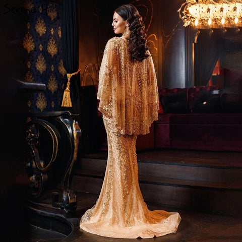 Robe de soirée sirène dorée grande taille, élégante et luxueuse, ornée de perles et d'une cape, pour femme, LA70738 