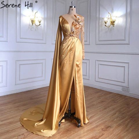 Gold Satin Cape Sleeves Split Evening Dresses Gowns 2025 Elegant Beaded Mermaid Gowns For Women Party LA71183