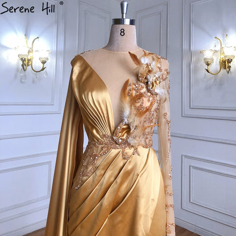 Gold Satin Cape Sleeves Split Evening Dresses Gowns 2025 Elegant Beaded Mermaid Gowns For Women Party LA71183