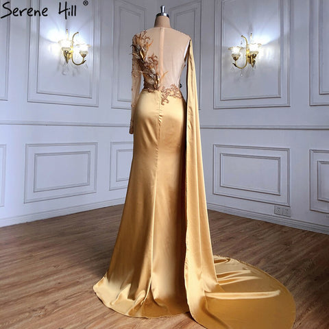 Gold Satin Cape Sleeves Split Evening Dresses Gowns 2025 Elegant Beaded Mermaid Gowns For Women Party LA71183