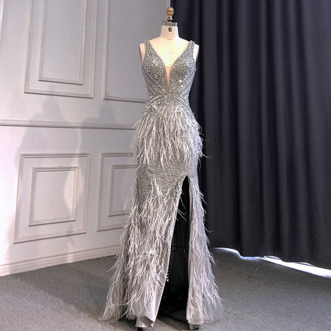 Gold Sexy High Split Mermaid Evening Dresses Gowns Backless Luxury Beaded Feather 2025 For Women Party LA71583