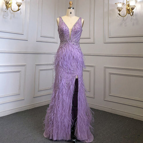 Gold Sexy High Split Mermaid Evening Dresses Gowns Backless Luxury Beaded Feather 2025 For Women Party LA71583