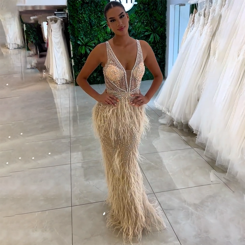 Gold Sexy High Split Mermaid Evening Dresses Gowns Backless Luxury Beaded Feather 2025 For Women Party LA71583