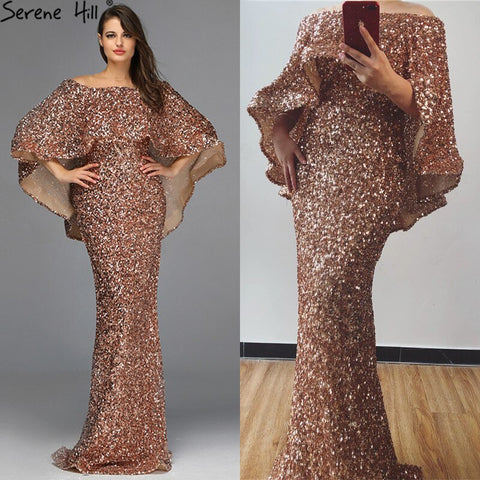 Vestidos de sirena de lujo con chal dorado, vestidos de noche brillantes LA60919, vestidos largos de noche para mujer, vestidos de fiesta 