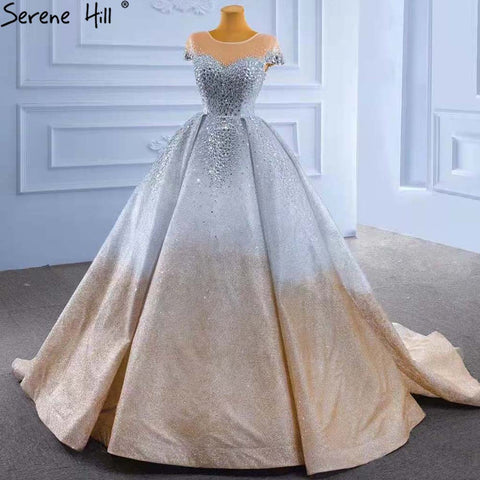 Robe de mariée de luxe dorée et argentée, manches courtes, perles et cristaux, sur mesure, HM67362, 2025 