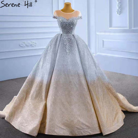 Robe de mariée de luxe dorée et argentée, manches courtes, perles et cristaux, sur mesure, HM67362, 2025 