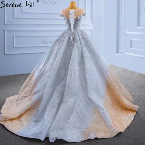 Robe de mariée de luxe dorée et argentée, manches courtes, perles et cristaux, sur mesure, HM67362, 2025 