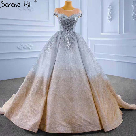 Robe de mariée de luxe dorée et argentée, manches courtes, perles et cristaux, sur mesure, HM67362, 2025 