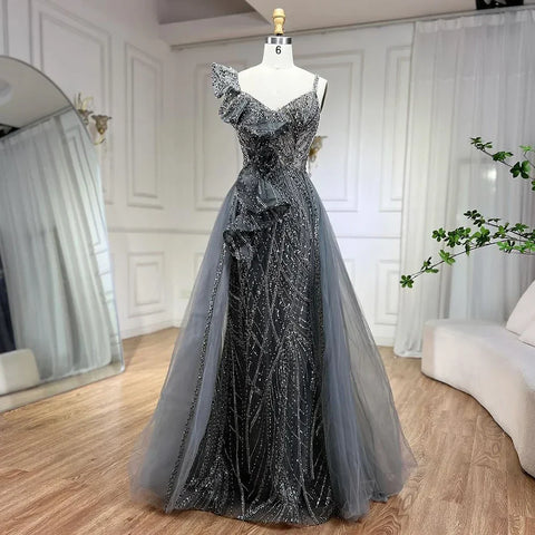 Golden Mermaid Evening Dress With Skirt - Women's Luxury Grey Beaded Spaghetti Strap Party Dress 2025 LA72341