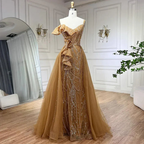 Golden Mermaid Evening Dress With Skirt - Women's Luxury Grey Beaded Spaghetti Strap Party Dress 2025 LA72341