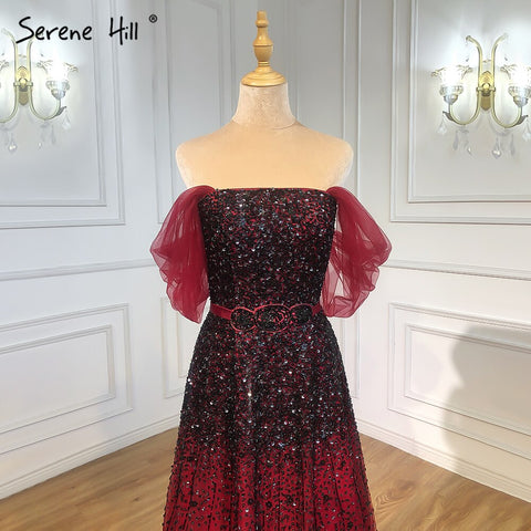 Gradual Change Wine Red Evening Dresses Gowns 2025 Beaded Bling A-Line Luxury For Women Party LA71329